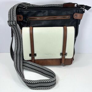 Roulens Vegan Leather Black White Crossbody Bag W/Adjustable Guitar Strap EUC